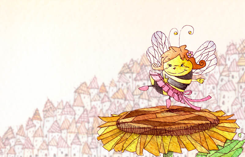 Illustratore Disegnatore Lorenzo Donati Natalori Milano ape miele girasole campagna città case borgo nicotinoidi api