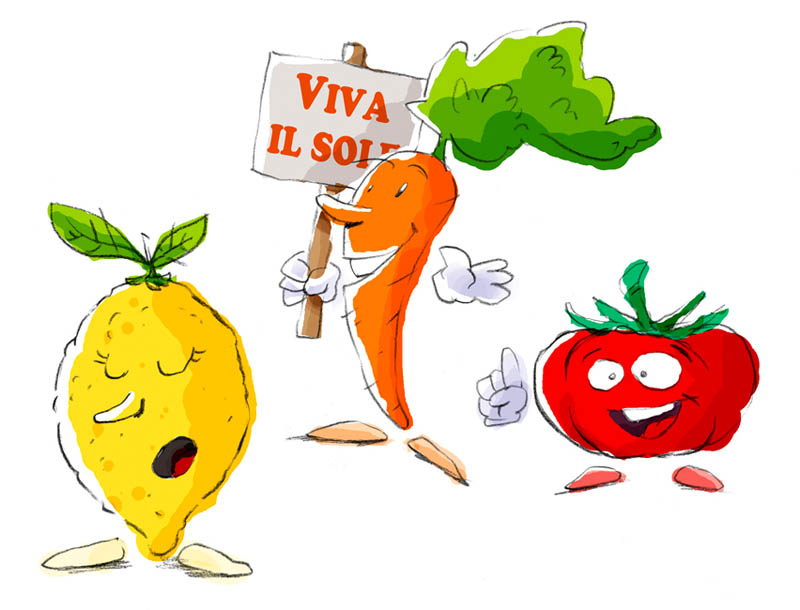 Illustratore Disegnatore Lorenzo Donati Natalori Milano frutta carota limone pomodoro parlante bambini educazione cibo