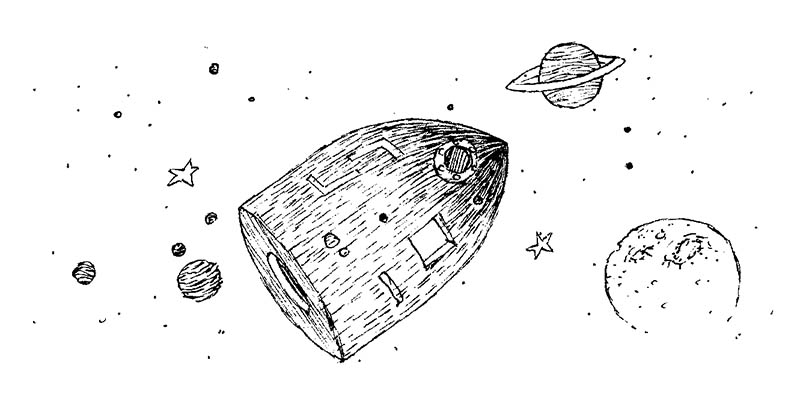 Illustratore Disegnatore Lorenzo Donati Natalori Milano jules verne pianeti viaggio navicella spaziale stelle universo luna