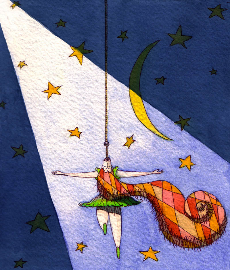 Illustratore Disegnatore Lorenzo Donati Natalori Milano Acrobata tendone circo stelle luna corda appesa