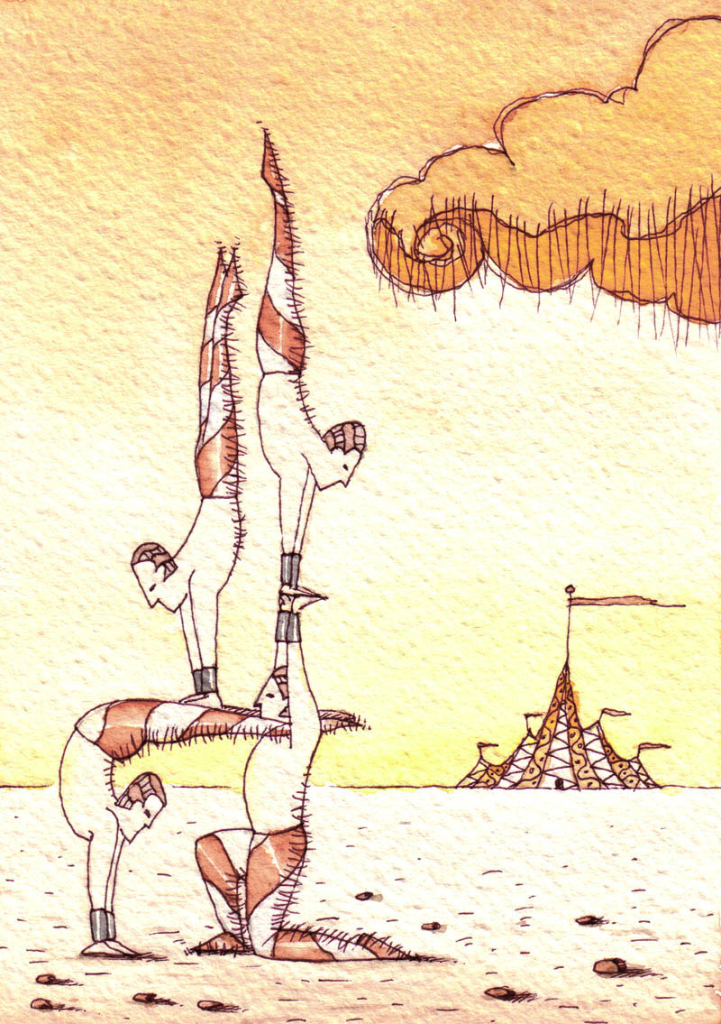 Illustratore Disegnatore Lorenzo Donati Natalori Milano acrobati sulla spiaggia circo nuvole