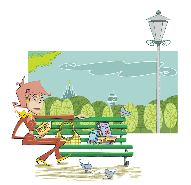 Illustratore Disegnatore Lorenzo Donati Natalori Milano bookcrossing parco ragazza panchina uccellini libri lampione duomo