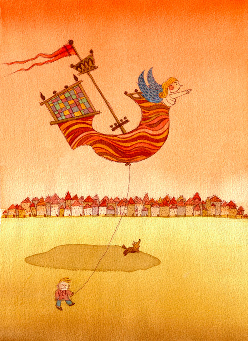 Illustratore Disegnatore Lorenzo Donati Natalori Milano sogno palloncino veliero cane spiaggia bimbo felicità direzione donna