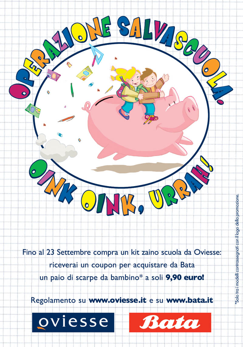 Illustratore Disegnatore Lorenzo Donati Natalori Milano pubblicità bata oviesse scuola bambini maiale felicità