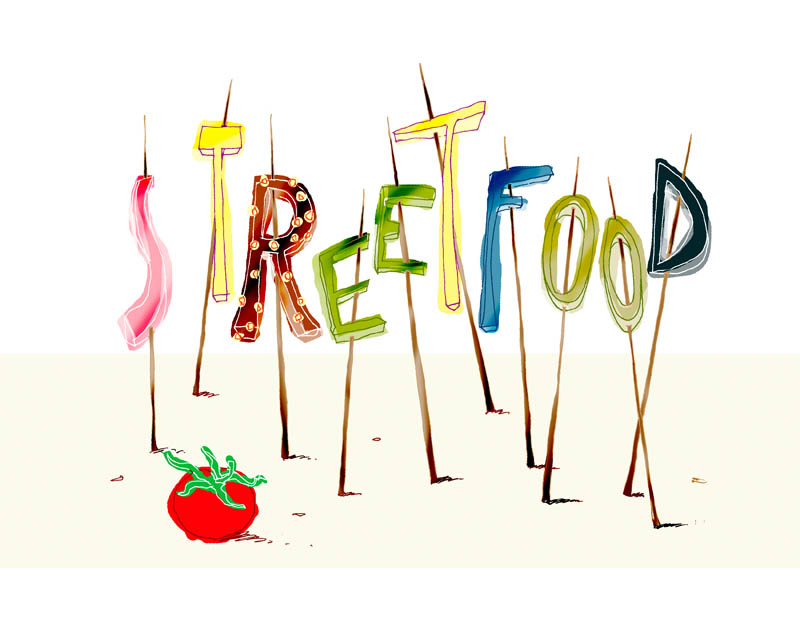 Illustratore Disegnatore Lorenzo Donati Natalori Milano cibo strada pomodorino spiedini streetfood canton ticino