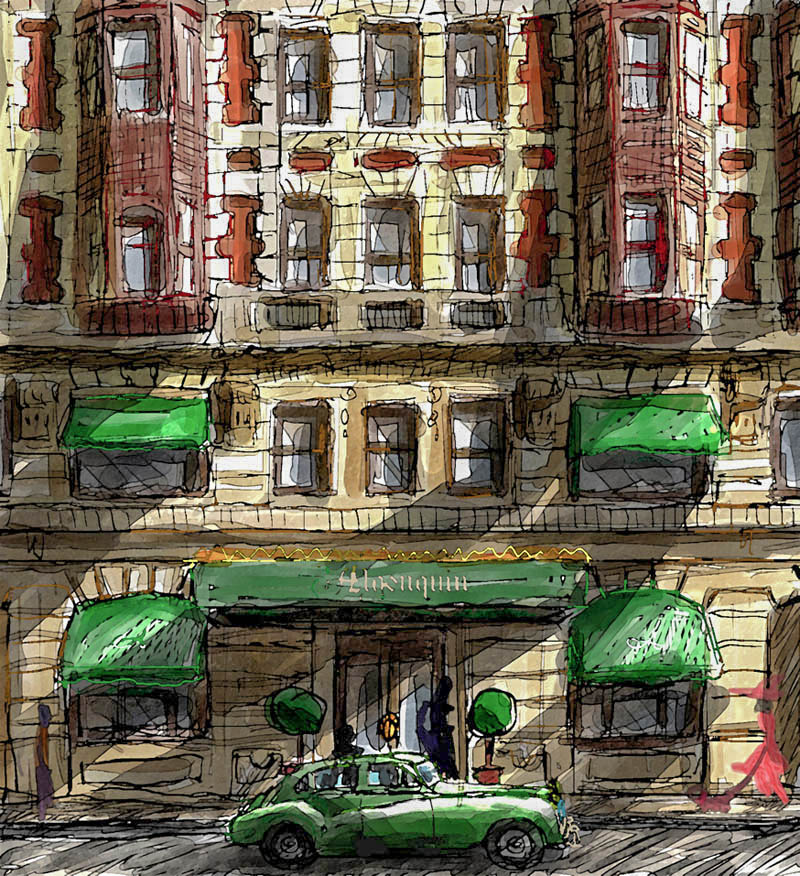 Illustratore Disegnatore Lorenzo Donati Natalori Milano hotel macchina d'epoca ingresso